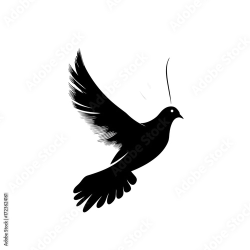 Elegant black silhouette of a soaring dove in flight, isolated on a white background. Minimalist graphic art symbolizing peace, freedom, and hope.