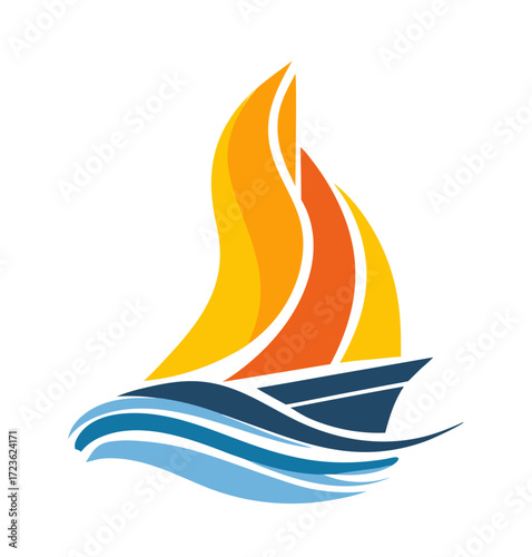 Modern vector illustration of a stylized sailboat with vibrant orange and yellow sails cruising on blue ocean waves, maritime adventure graphic design element.
