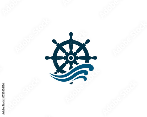 Nautical ship wheel and ocean waves vector illustration, maritime sea voyage steering helm graphic design icon, travel adventure concept.