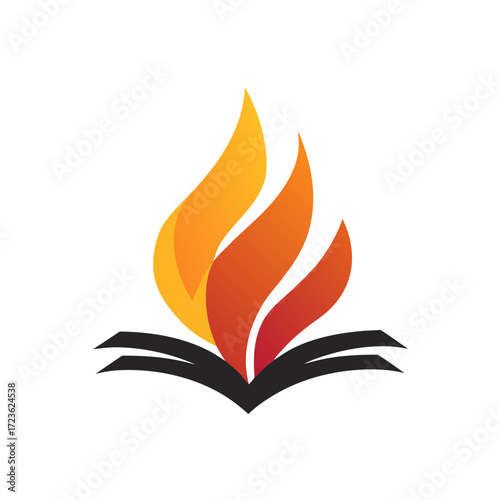 Dynamic vector icon: open book with vibrant fiery flames, symbolizing knowledge, education, learning, wisdom, passion, and spiritual enlightenment.