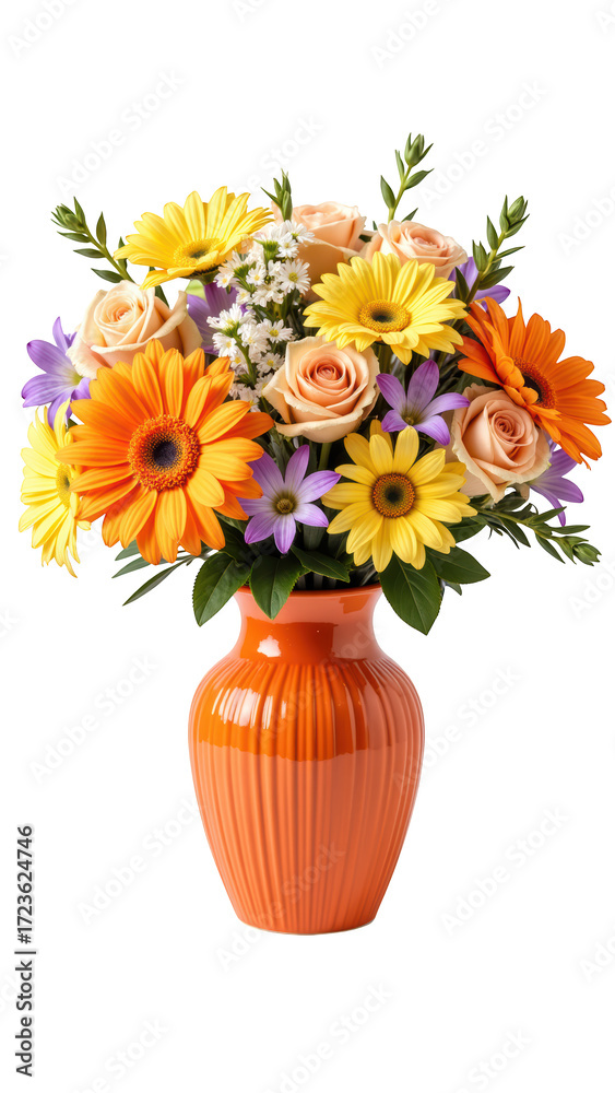 Obraz premium Bright and colorful bouquet featuring orange gerbera daisies, yellow sunflowers, and pink roses vibrant orange vase, perfect for uplifting any