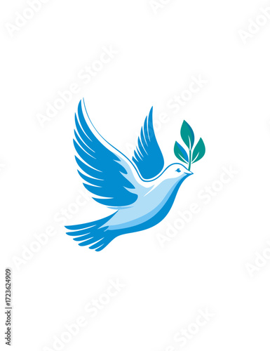 Stylized blue dove flying with a green olive branch in its beak, a universal symbol of peace, hope, and freedom on white background.