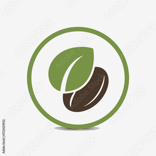 Vector icon of organic coffee bean and fresh green leaf in a circular frame, symbolizing natural freshness and eco-friendly products