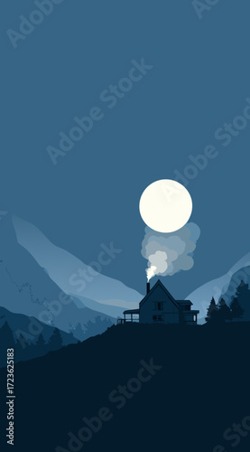 Minimalist blue night landscape illustration with a cozy house and smoking chimney on a hill under a large full moon and misty mountains.