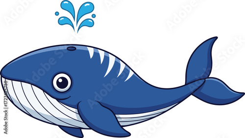 Cartoon blue whale, spouting water, marine animal, cheerful character, ocean theme, vector art, playful illustration, children’s content, aquatic design