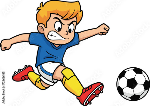 Cartoon boy playing soccer, dynamic kick pose, sports character illustration, football action, children activity, energetic movement, colorful vector art