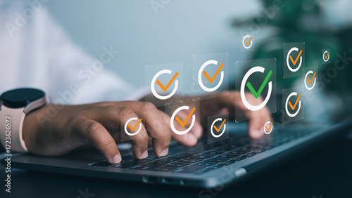 Fotografie Digital Checklist and Task Approval Concept with Verification Icons on Laptop Co