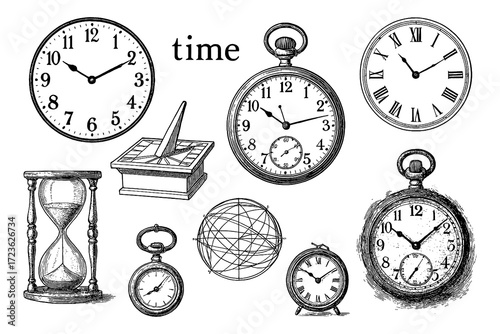 Vintage clock and hourglass illustration set in retro engraving style, Transparent Background
