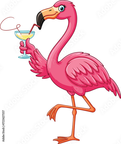 Cartoon flamingo sipping cocktail, summer party theme, tropical bird, fun illustration, one leg pose, vector art, beach vibe, cheerful mood