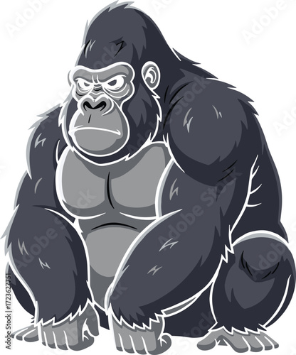 Cartoon gorilla illustration, gray fur, muscular pose, strong expression, squatting posture, vector art, powerful animal, serious face, jungle theme