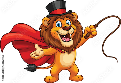 Cartoon lion circus ringmaster, cute animal character, red cape, black top hat, lively expression, vector illustration, whip in hand, children art