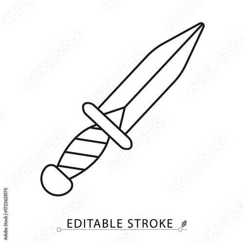 A dagger icon in a minimalist line style with editable stroke. Medieval weapon, fantasy knife, ancient blade, combat sword, knight equipment, gothic battle symbol, assassin game item concept.