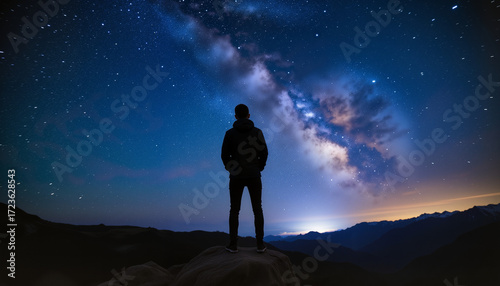 Man standing on mountain watching Milky Way at night sky  