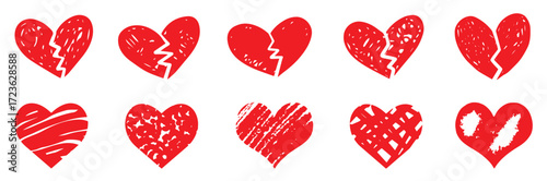 Doodle vector red sketch hearts, hand drawn love heart collection. Broken love, divorce forever alone style scribble art. illustration