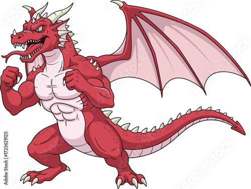 Cartoon red dragon fighting pose, muscular fantasy creature, fierce expression, spiked tail, large wings, tattooed bicep, vector illustration, mythical beast
