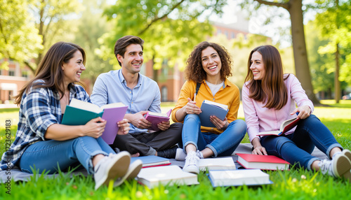Young diverse friends studying and enjoying books outdoors in summer  