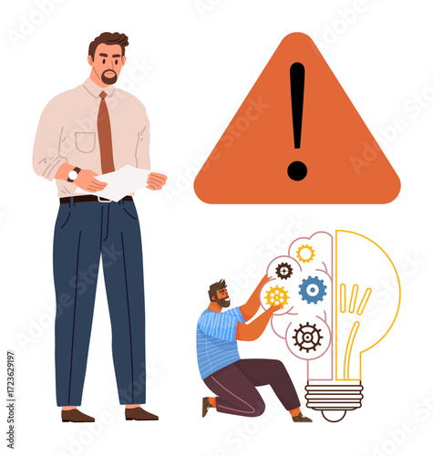 Professional team addressing challenges with caution sign, lightbulb, and gears. Ideal for teamwork, innovation, problem-solving, decision-making, brainstorming productivity creativity. Simple flat