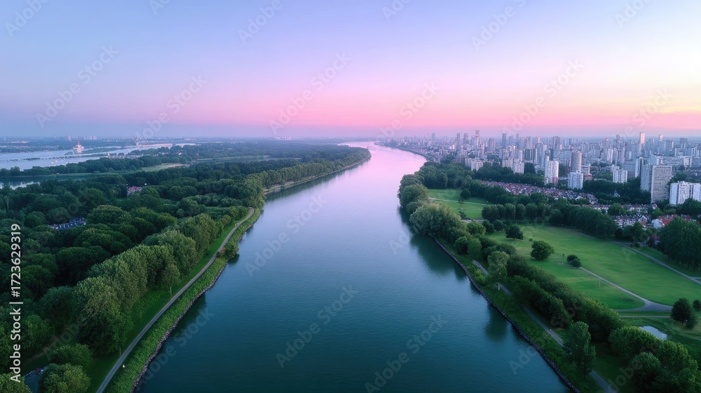 Fototapeta premium Scenic Aerial View of a City River at Dusk with Pink and Blue Sky Lush Green Trees and Distant Buildings in Golden Light