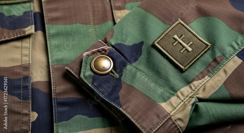 Close up of a camouflage jacket with a logo patch.