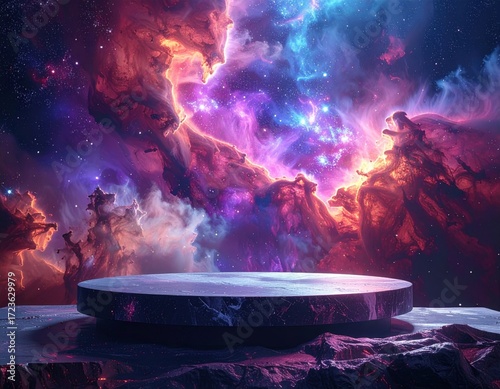 Cosmic Nebula Background with Circular Platform