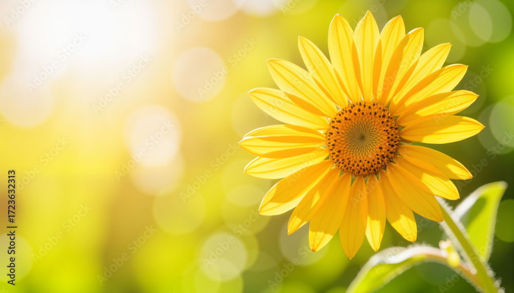 Obraz premium Bright sunflower blooming in sunlight with green blurred background 