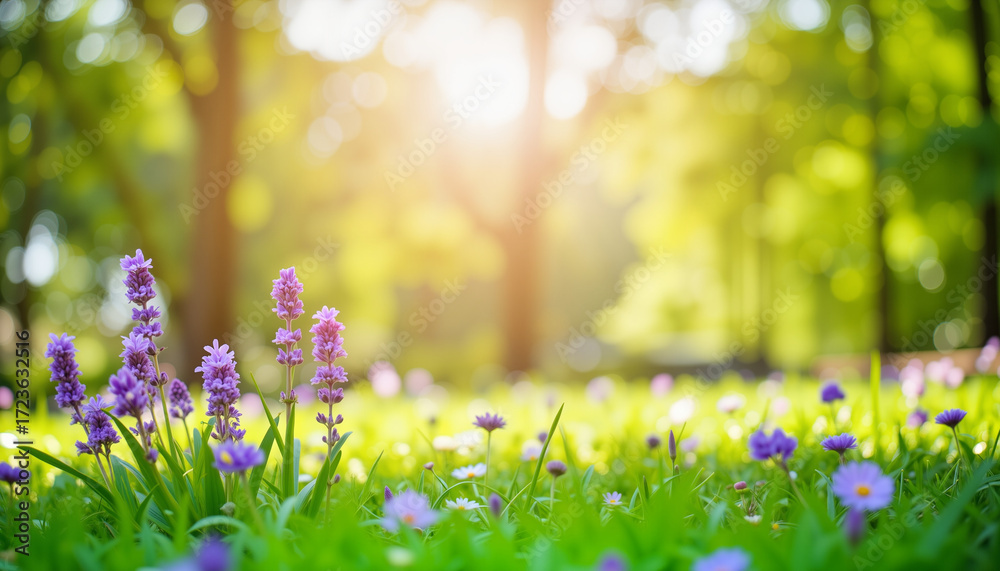 Fototapeta premium Colorful wildflowers blooming in a sunny forest meadow 