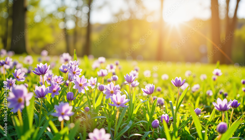 Obraz premium Spring flowers blooming in a sunny park under golden sunlight 