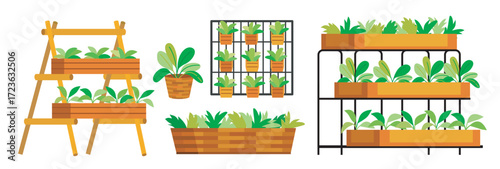 Illustration urban gardening decor with hanging plants and potted arrangements in a small space
