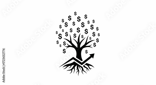 Money Tree Growth with Upward Arrow and Roots in Flat Vector Style