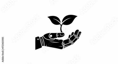Robotic Hand Holding Sprout Flat Vector Illustration Concept