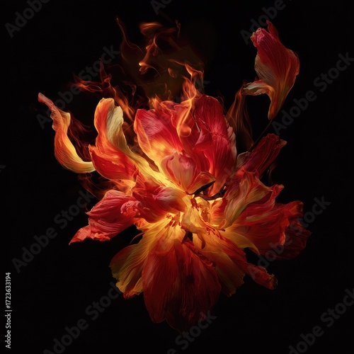 A vibrant, fiery tulip flower exploding in a burst of orange and red flames against a black backdrop