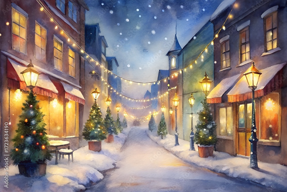 Fototapeta premium Festive Winter Street with Christmas Trees, Lights, and Snowfall at Night