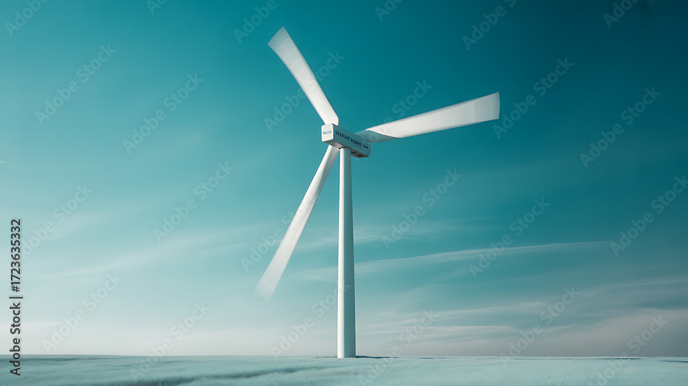 Fototapeta premium A solitary wind turbine stands against a clear blue sky over a flat, open landscape.