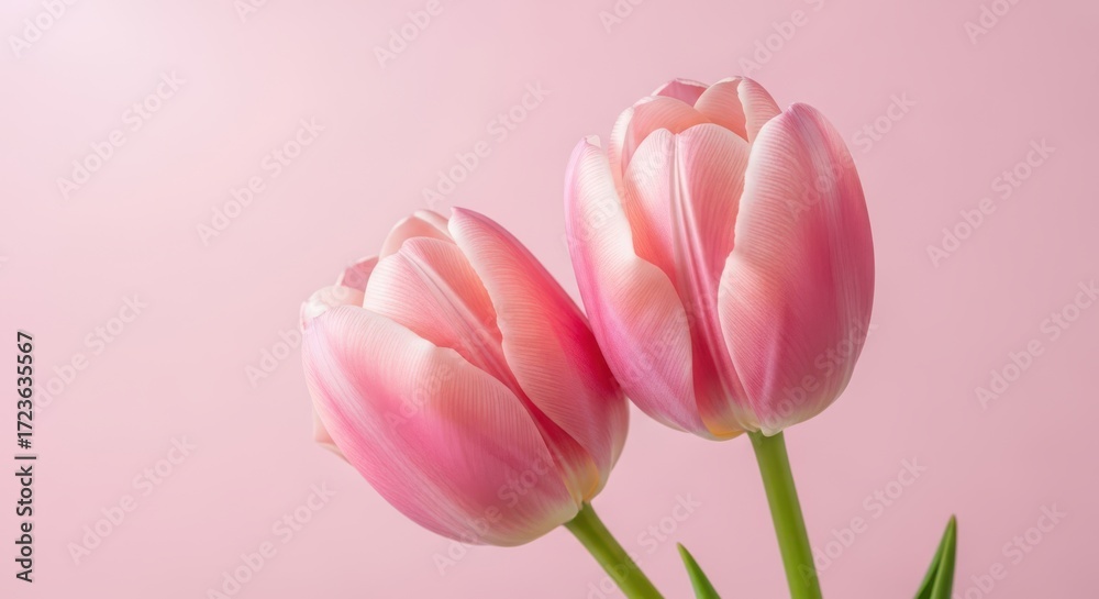 Fototapeta premium Two Delicate Pink Tulips Against a Soft Pastel Background