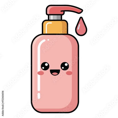 Cute kawaii skincare bottle with pump and smiling face, flat cartoon vector, pastel color, white background, transparent background