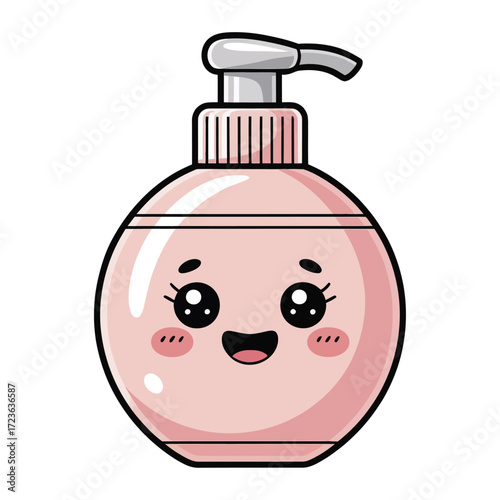 Cute kawaii skincare bottle with pump and smiling face, flat cartoon vector, pastel color, white background, transparent background