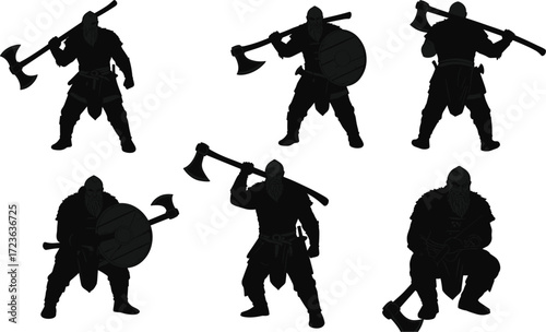 Viking warrior silhouettes, Norse fighters in battle poses, ancient Scandinavian soldiers with weapons, historical combat illustration, medieval warrior design for stock