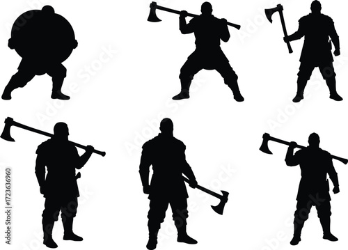 Silhouettes of axe-wielding warriors in combat stances, fantasy fighters, muscular figures, historical battle poses, dramatic black silhouettes on white background