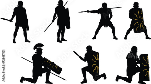Roman soldiers silhouette, ancient warriors in combat poses, historical military illustration, traditional weapons and shields, classical warfare concept, antique battle formation