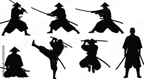 Samurai warrior silhouettes, traditional katana poses, martial arts stances, Japanese combat illustration, ancient sword fighting, historical samurai discipline, ninja-inspired action