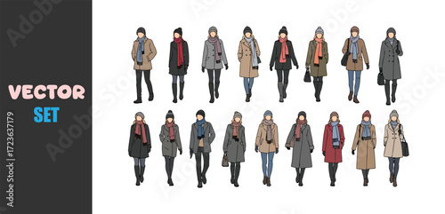 Diverse group of people in winter coats and hats standing and walking