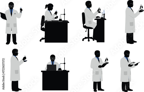 Scientist silhouette illustration, laboratory research activity, lab coat and safety gear, scientific experiment concept, modern science workspace, chemistry and analysis
