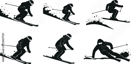 Skiing silhouette illustration, dynamic action poses, alpine sports concept, snow trail depiction, high-speed skier movement, winter adventure in black figure art