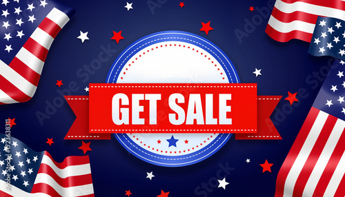 Promotional sale banner with American flags on blue background  