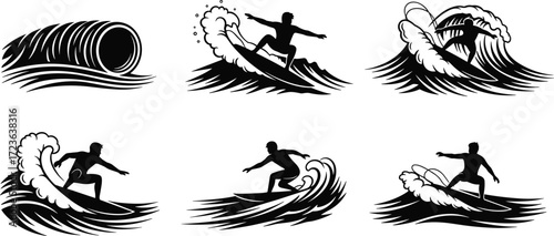 Surfing silhouette illustration, dynamic wave riding poses, ocean barrel art, extreme water sport concept, surfboard motion, coastal adventure, black figure design