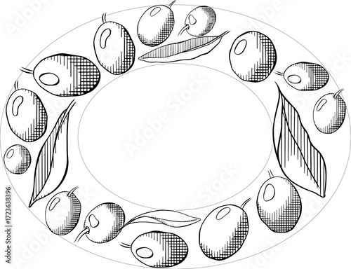 Olive green berry and leaves Oval frame template. Vector graphic line ink Black and white illustration. Healthy food, natural organic cosmetics for invitation, label, advertisement, packaging.