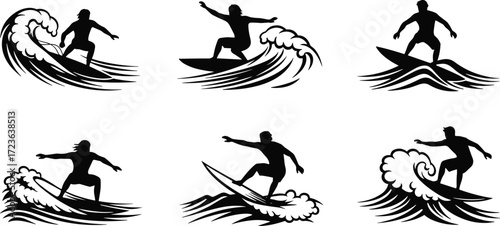 Surfer silhouette collection, dynamic wave riding poses, extreme sport action, black and white surfing art, ocean lifestyle, coastal adventure, minimalist design