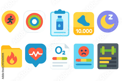 Health and fitness flat icon set. wellness, exercise, nutrition icons collection