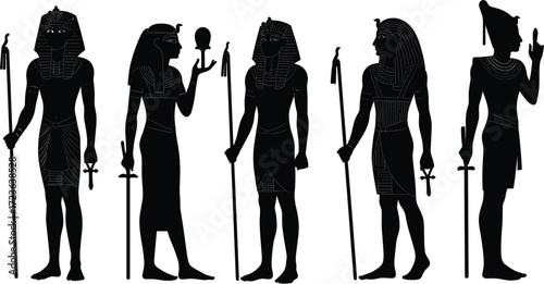 Ancient Egyptian gods and royalty silhouettes, traditional attire, staff and ankh symbols, mythology art, cultural heritage, historical illustration, vector design