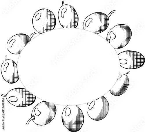 Olive black berry Oval template. Vector graphic line ink Black and white illustration. Silhouette sign for logo, print, comics, fashion, pop art, boards, design, stickers, decoration, posters